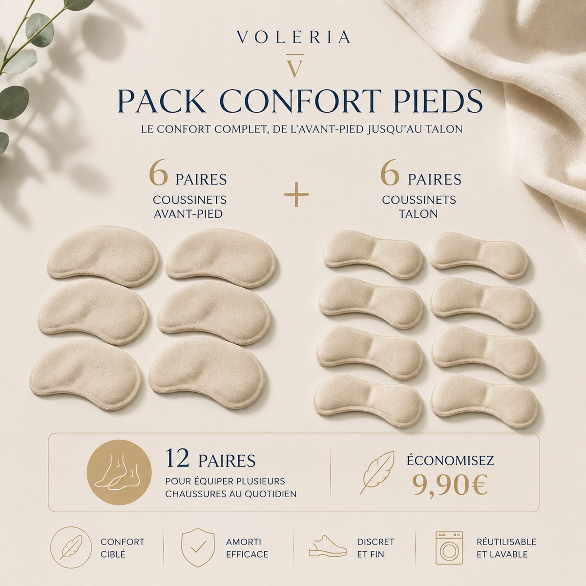 Pack Confort Pieds VOLERIA – 6 paires Avant-Pied + 6 paires Talon